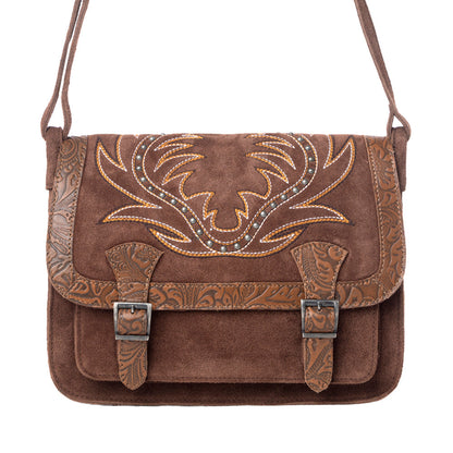 Myra Amberwood Suede Leather Boot Embroidered Leather Bag in Chestnut Brown