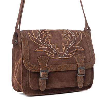 Myra Amberwood Suede Leather Boot Embroidered Leather Bag in Chestnut Brown