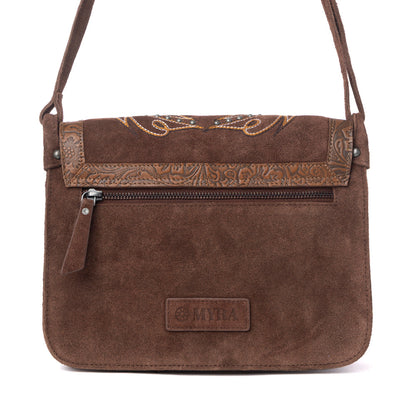 Myra Amberwood Suede Leather Boot Embroidered Leather Bag in Chestnut Brown