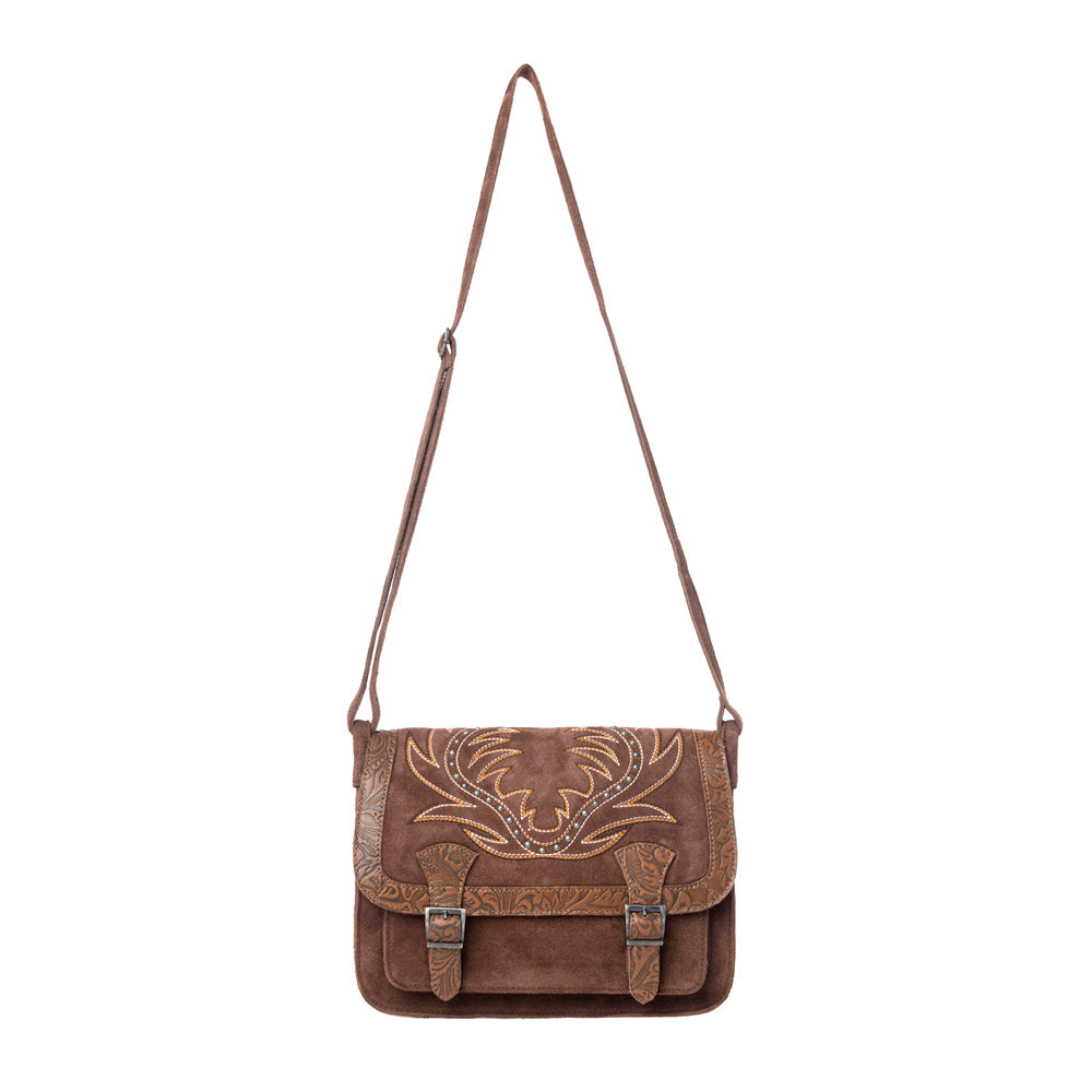 Myra Amberwood Suede Leather Boot Embroidered Leather Bag in Chestnut Brown