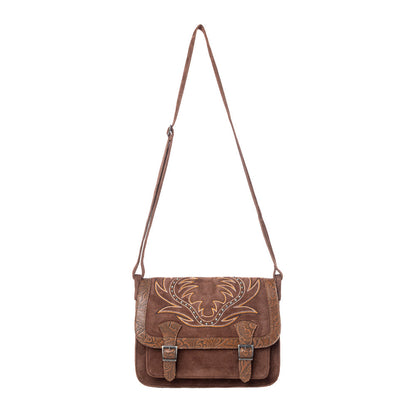 Myra Amberwood Suede Leather Boot Embroidered Leather Bag in Chestnut Brown