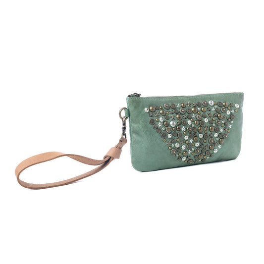 Myra Empire Green Studded Wash Leather Pouch in Desert Olive
