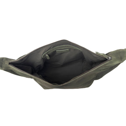 Myra Hunter’s Grove Suede Leather Shoulder Bag in Ranch Olive