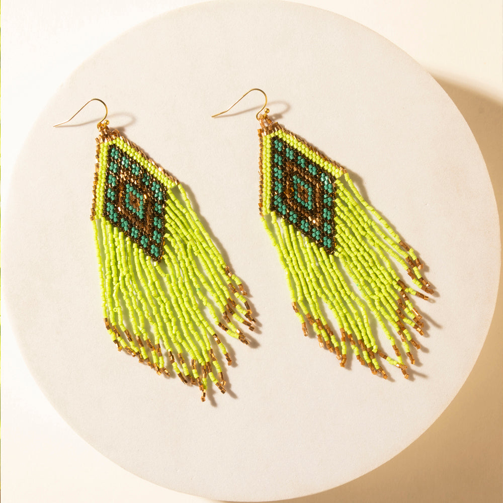 Myra Desert Neon Beaded Fringe Earrings in Glow Green