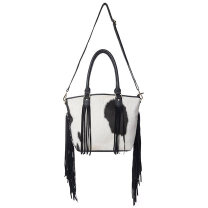 Myra High Plains Hairon Leather Concealed Fringe Carry Bag in Ebony Bone
