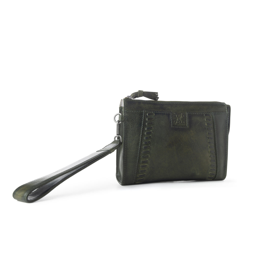 Myra Zidana Bandera Ridge Veg Tanned Leather Wristlet in Desert Pine
