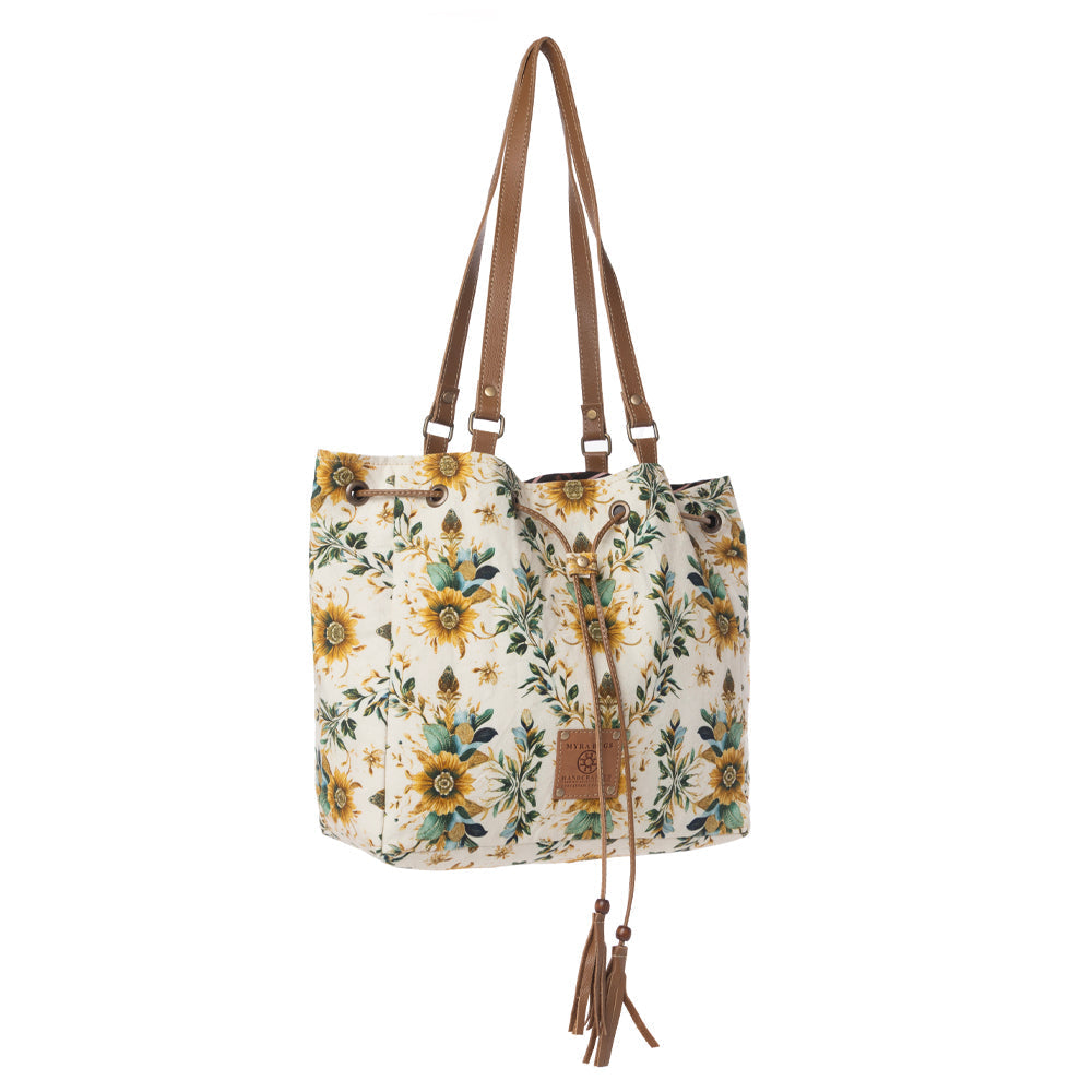 Myra Southern Bloom Cotton & Leather Bucket Bag in Chestnut Beige