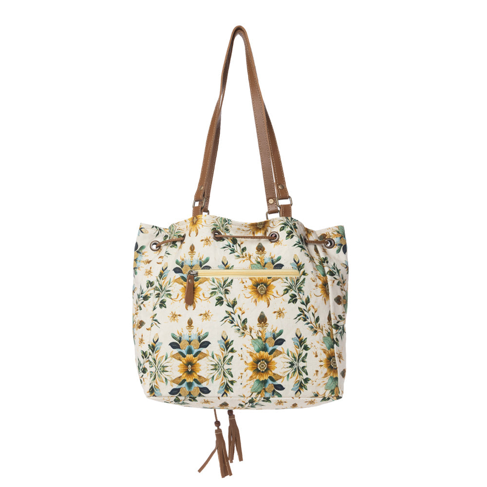 Myra Southern Bloom Cotton & Leather Bucket Bag in Chestnut Beige