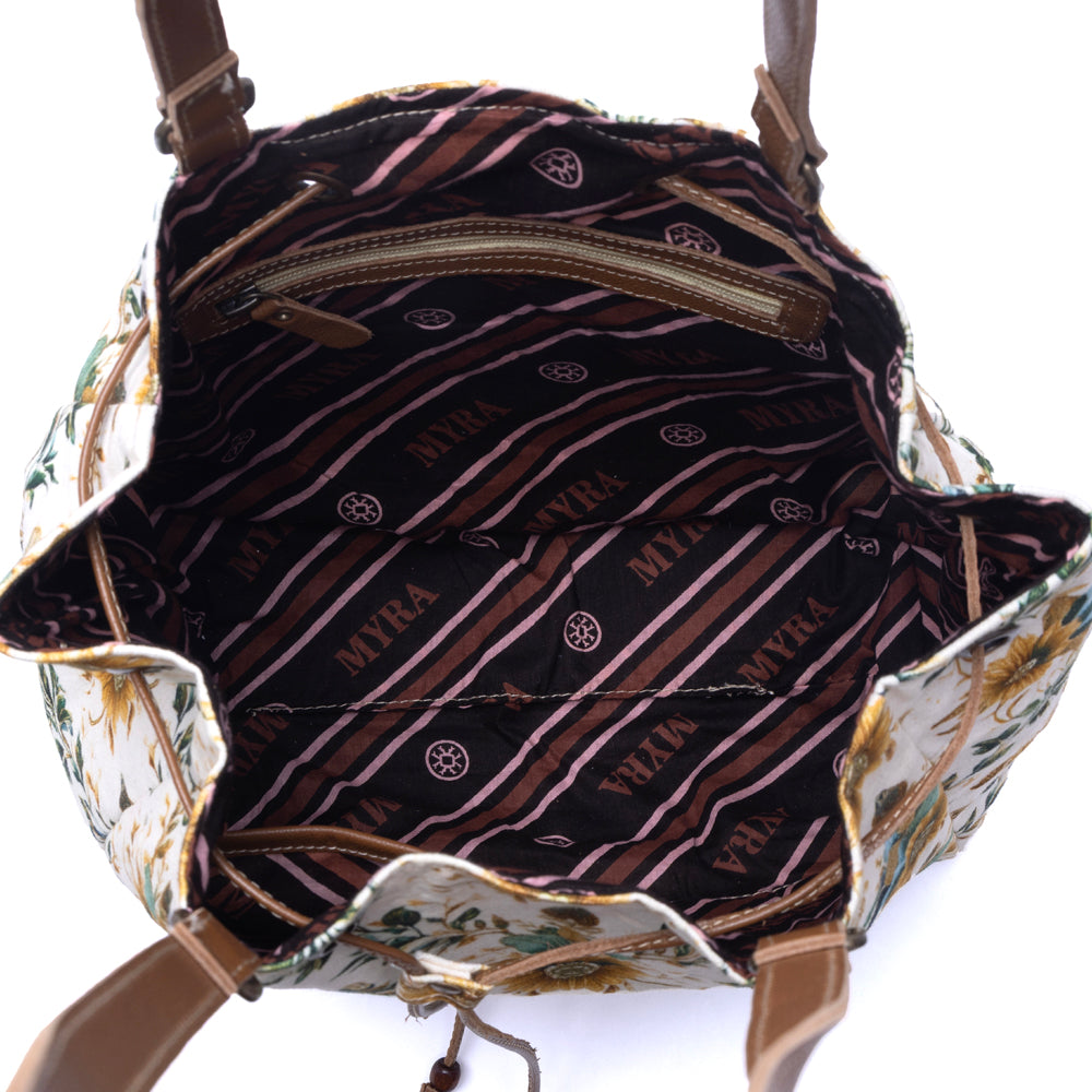 Myra Southern Bloom Cotton & Leather Bucket Bag in Chestnut Beige