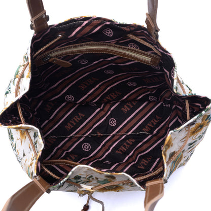 Myra Southern Bloom Cotton & Leather Bucket Bag in Chestnut Beige