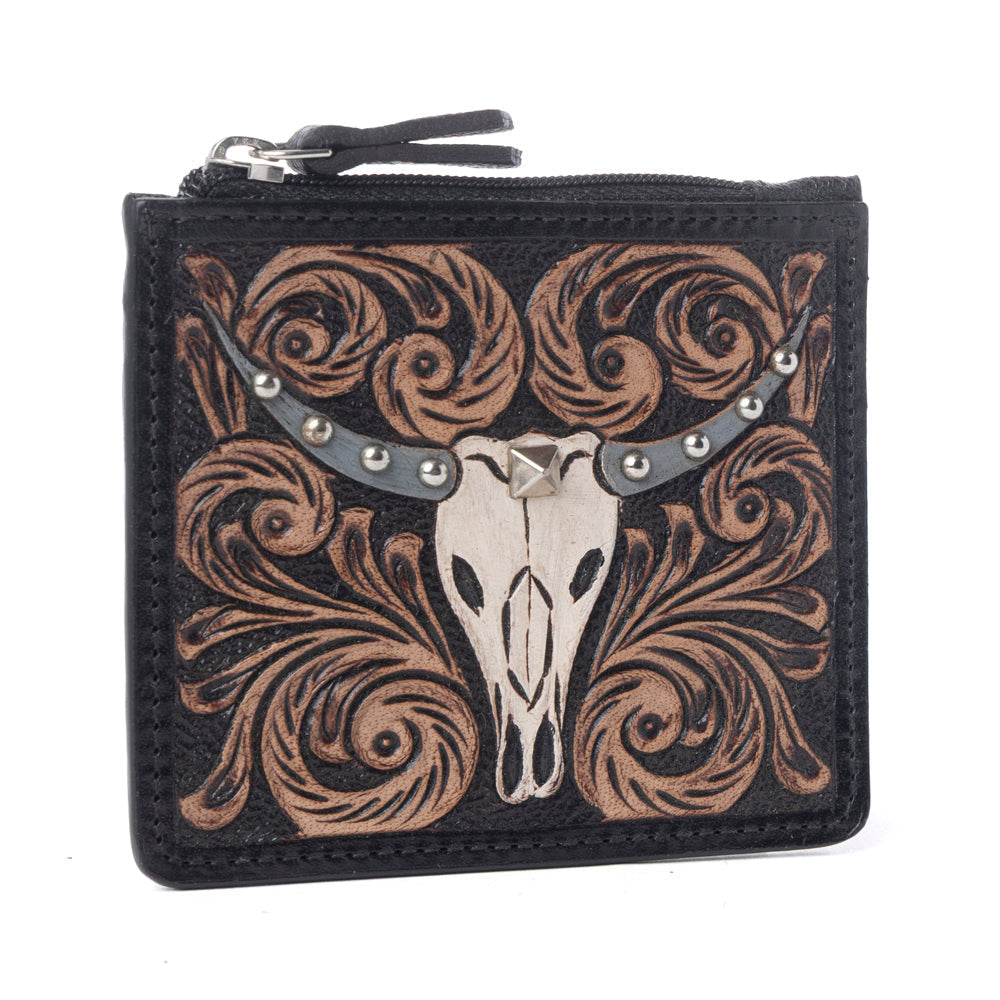 Myra Briar Creek Handtooled Leather Credit Card Holder in Ebony Caramel