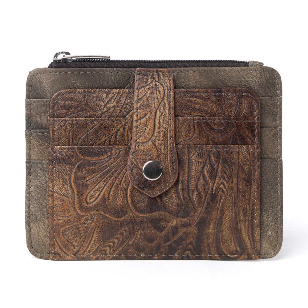 Myra Driftwood Cove Embossed Leather Credit Card Holder in Olive Brown