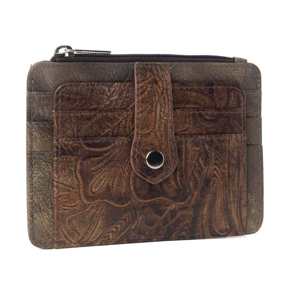 Myra Driftwood Cove Embossed Leather Credit Card Holder in Olive Brown