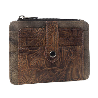 Myra Driftwood Cove Embossed Leather Credit Card Holder in Olive Brown