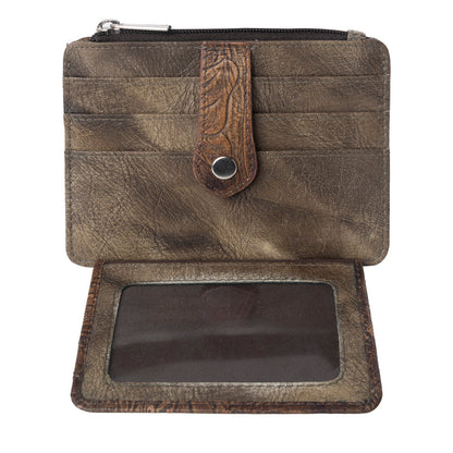 Myra Driftwood Cove Embossed Leather Credit Card Holder in Olive Brown