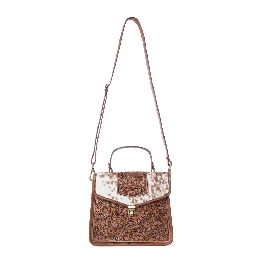Myra Duchess Hairon Handtooled Flap and Button Leather Satchel in Mocha Cream