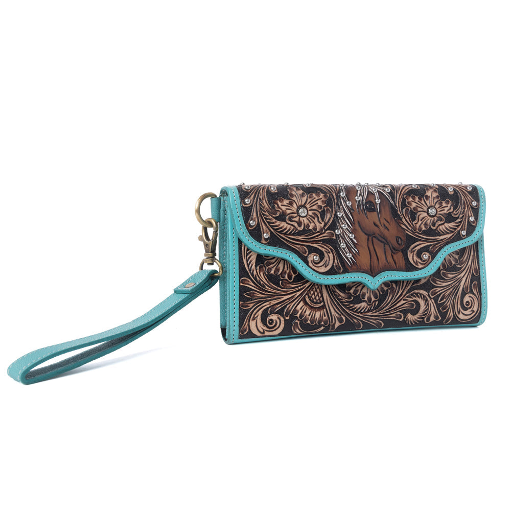 Myra Sunfire Valley Handtooled Hairon Leather Women’s Wallet in Turquoise Pearl