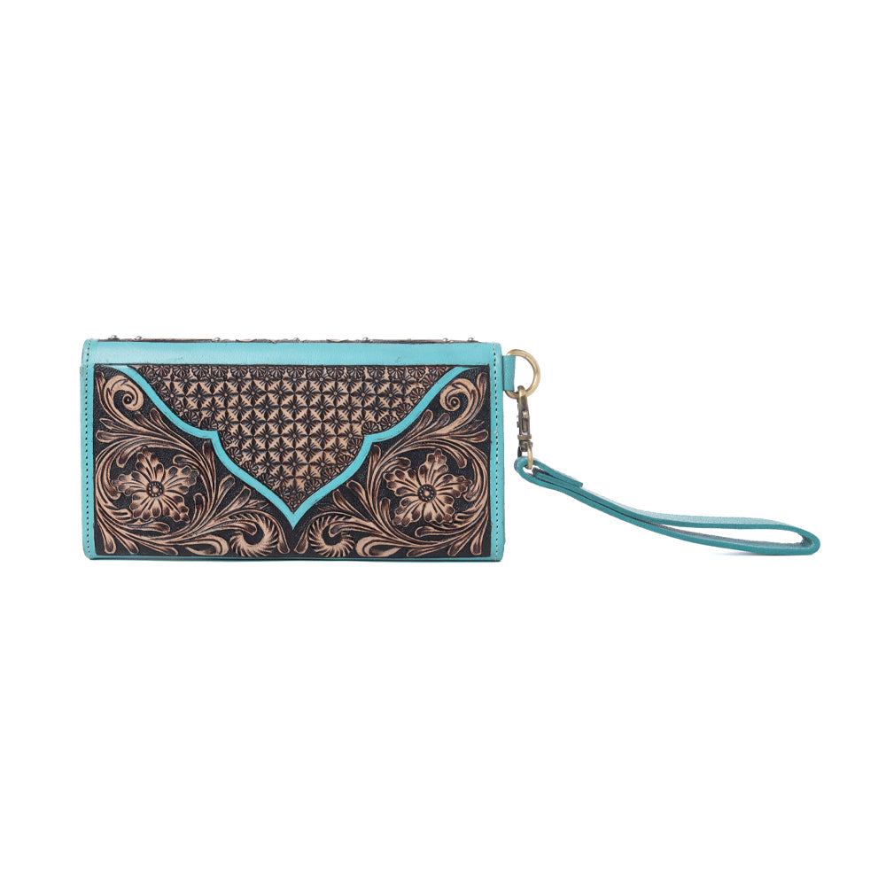 Myra Sunfire Valley Handtooled Hairon Leather Women’s Wallet in Turquoise Pearl