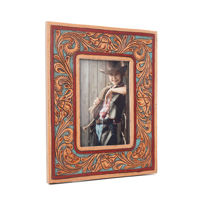 Myra Magnolia Rise Handtooled Leather Photo Frame in Deep Mahogany
