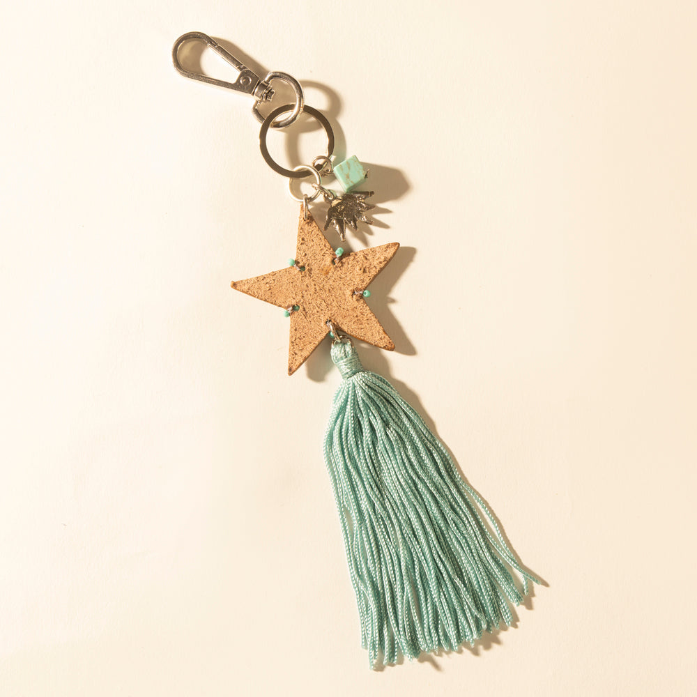 Myra Western Sky Beaded Fringe Handtooled Leather Key Fob in Ocean Blue
