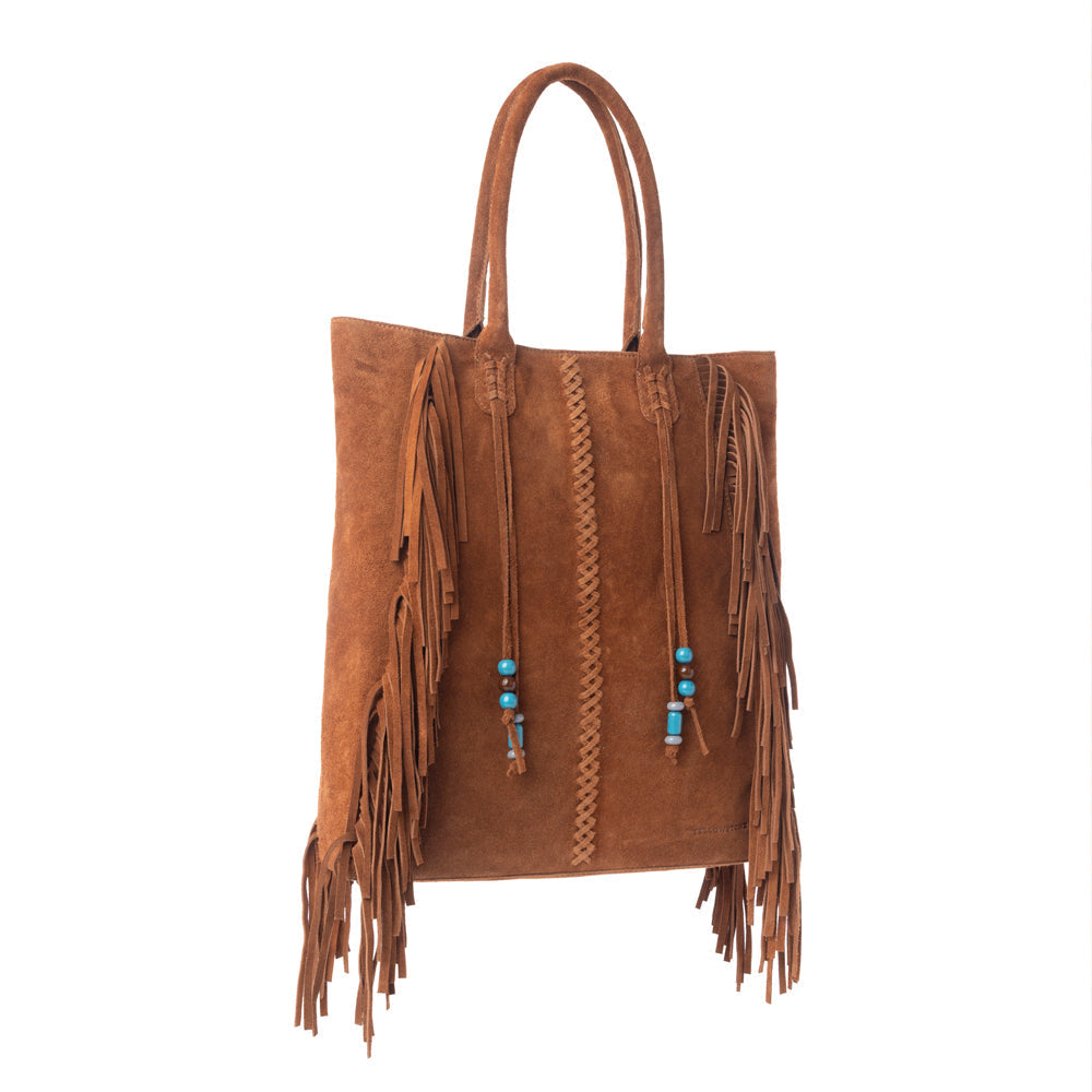 Myra Yellowstone Desert Creek Fringed Suede Leather Concealed Carry Bag in Sand Brown