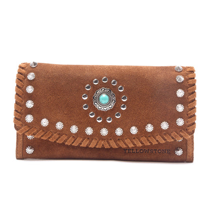 Myra Yellowstone Briar Meadow Studded Suede Leather Women’s Purse in Desert Tan