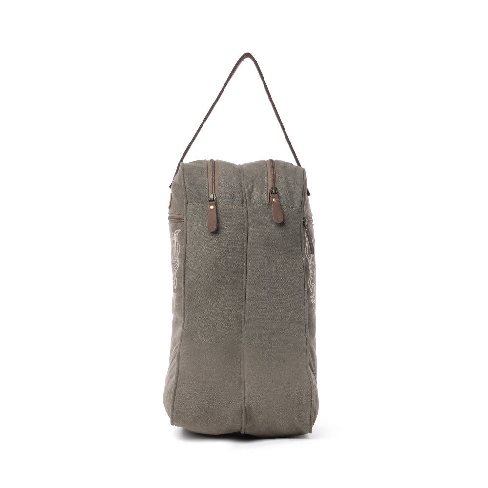 Myra Sunstone Cotton & Leather Boot Bag in Clay Fern