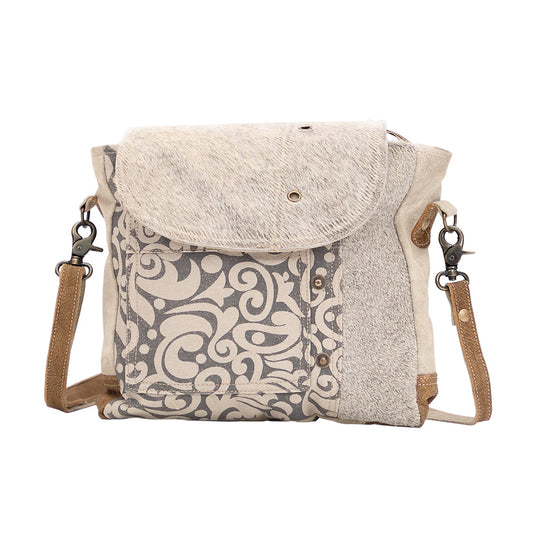 Myra Factual Hairon Leather Messenger Bag â€“ Swirl Canvas, White Hairon Flap, Rustic Straps for Everyday Western Style