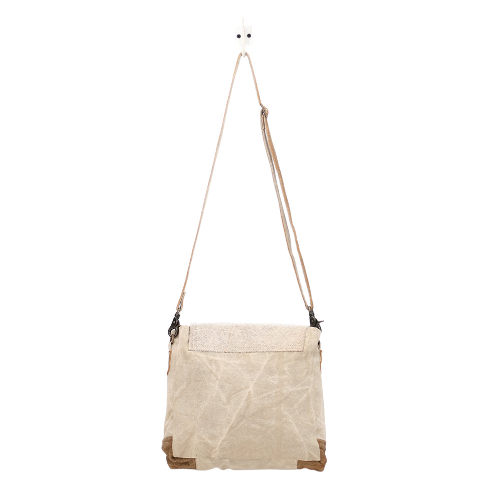 Myra Factual Hairon Leather Messenger Bag â€“ Swirl Canvas, White Hairon Flap, Rustic Straps for Everyday Western Style