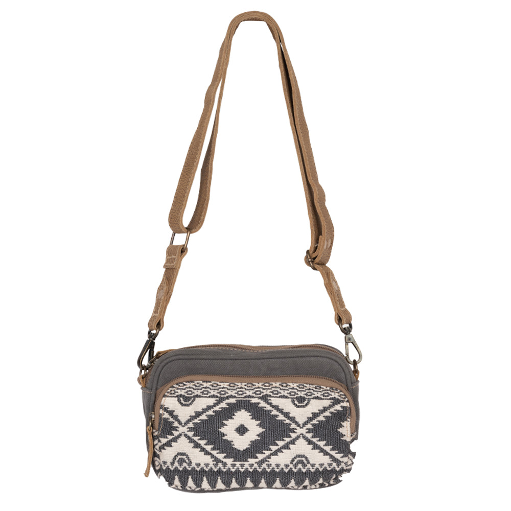 Myra Temptation Tribal Pattern Small Crossbody Bag for Women â€“ Geometric Canvas Front, Adjustable Leather Strap for Everyday Western Style