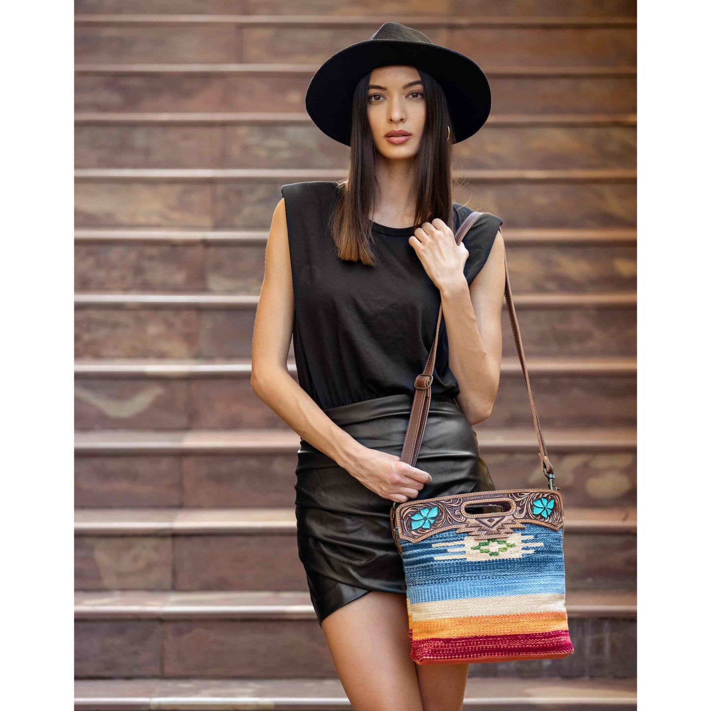 Myra Azure Petals Woven Crossbody Bag with Handtooled Leather â€“ Multicolor Embroidery, Adjustable Strap & Cutout Handle