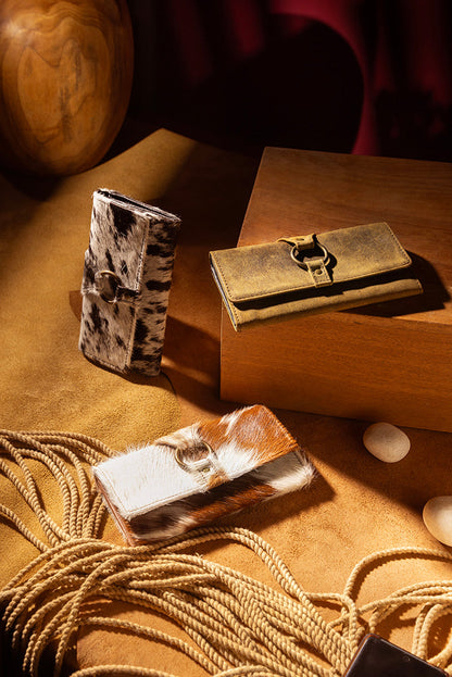 Myra Prairie Loop Hairon Leather Wallet for Women with Trifold Design, Brass Ring Closure, Western Cowhide Finish