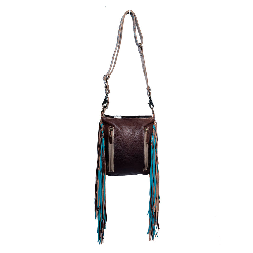 Myra Cobal Blue Concealed Carry Bag â€“ Hair-On Leather Crossbody with Embossed Turquoise Panel and Fringe Detailing