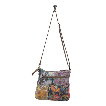 Myra La Fleur Patchwork Crossbody Bag â€“ Floral Canvas Panels, Brown Leather Accents, Boho Cowgirl Everyday Purse