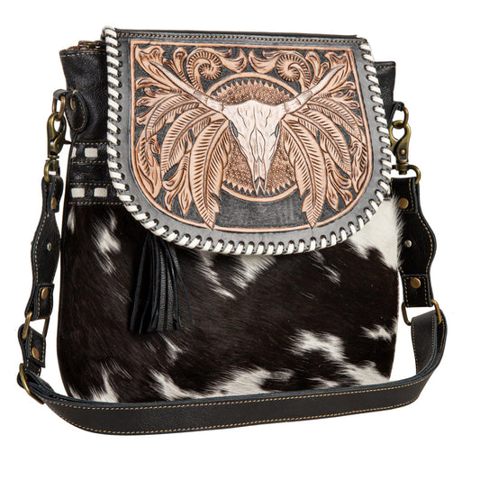 Myra Spirit of the Herd Hairon Leather Bag for Women â€“ Western Cowhide Purse with Intricate Tooling