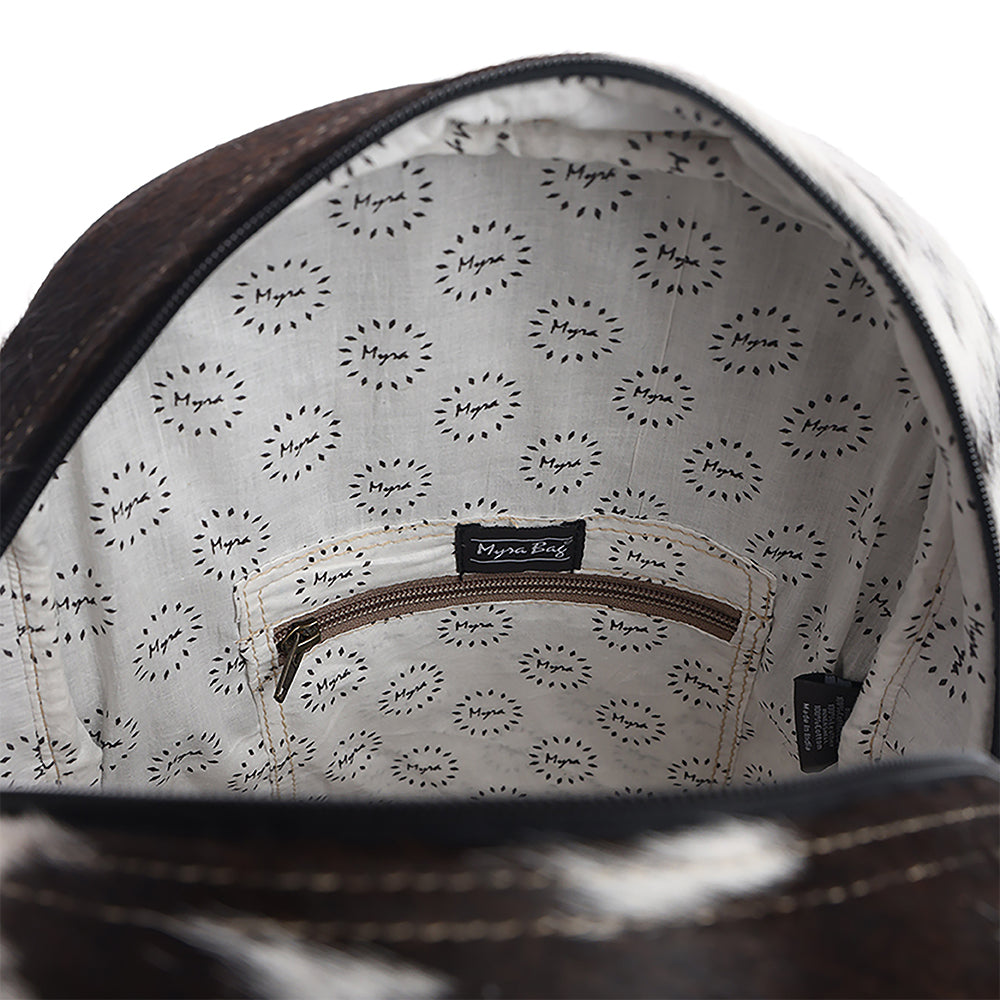 Myra My Vista Hairon Leather Backpack – Dual Handles, Floral Tooled Patch, Spacious Compartments
