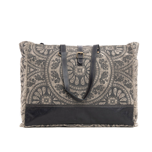 Myra Carmela Printed Canvas Weekender Bag â€“ Leather Handles with Buckle Strap, Spacious Travel Tote for Western Getaways