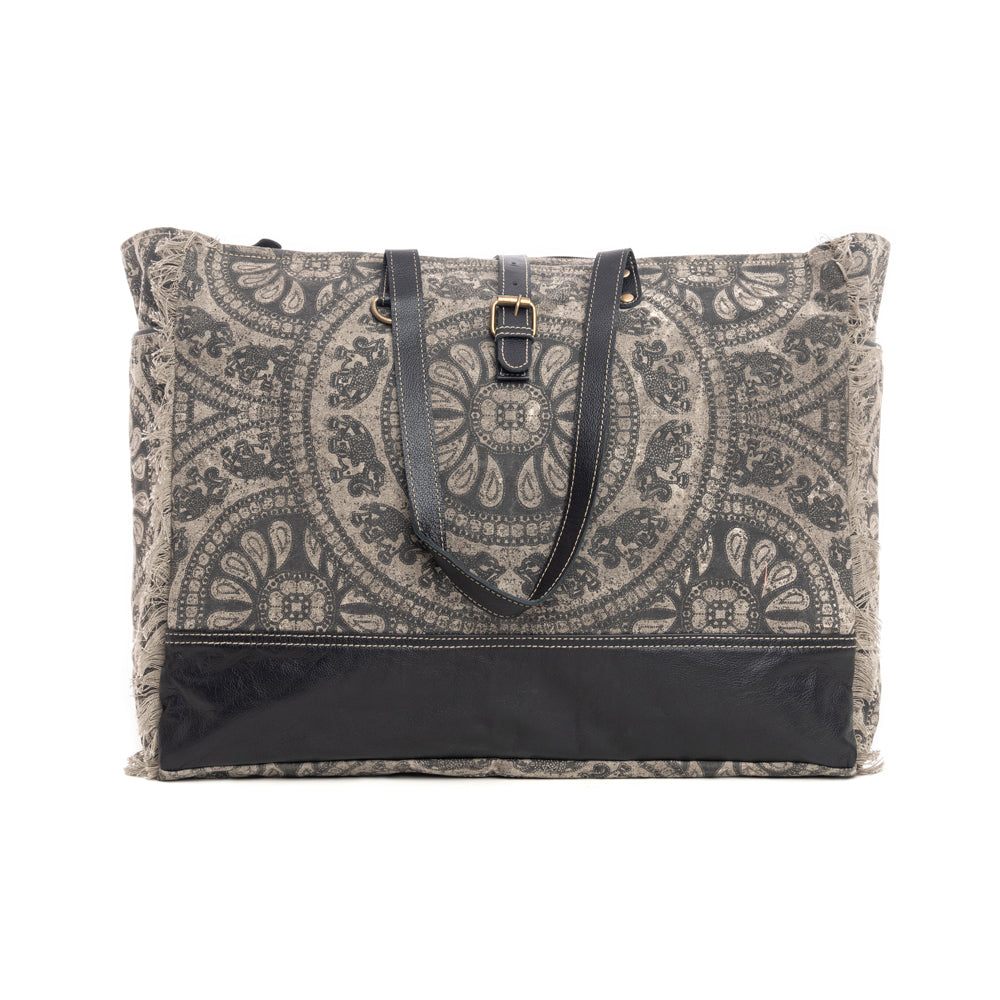 Myra Carmela Printed Canvas Weekender Bag â€“ Leather Handles with Buckle Strap, Spacious Travel Tote for Western Getaways