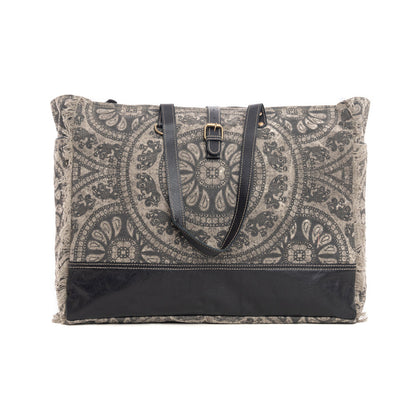 Myra Carmela Printed Canvas Weekender Bag â€“ Leather Handles with Buckle Strap, Spacious Travel Tote for Western Getaways
