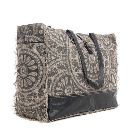 Myra Carmela Printed Canvas Weekender Bag â€“ Leather Handles with Buckle Strap, Spacious Travel Tote for Western Getaways