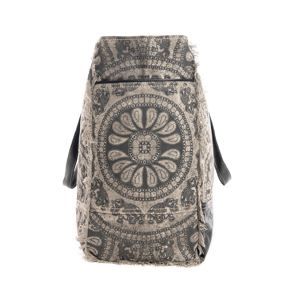 Myra Carmela Printed Canvas Weekender Bag â€“ Leather Handles with Buckle Strap, Spacious Travel Tote for Western Getaways