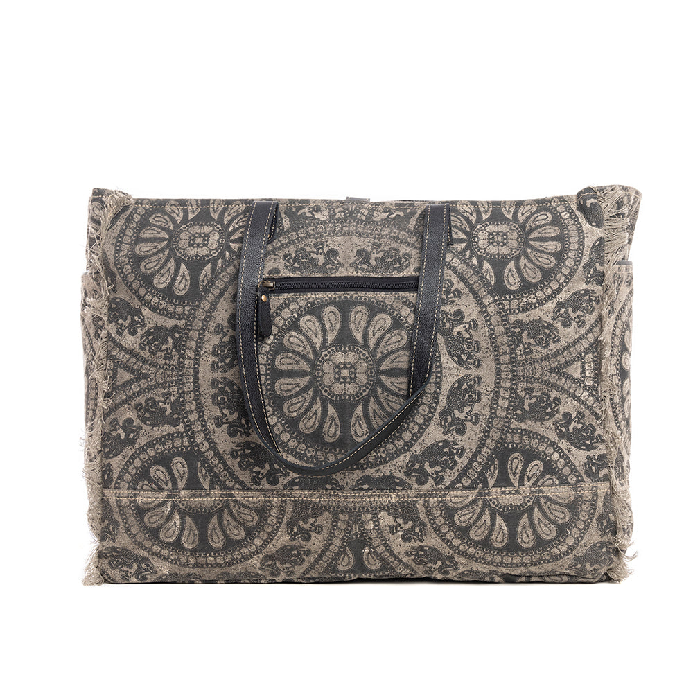 Myra Carmela Printed Canvas Weekender Bag â€“ Leather Handles with Buckle Strap, Spacious Travel Tote for Western Getaways