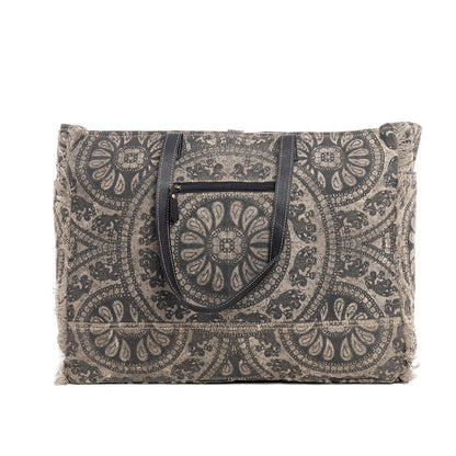 Myra Carmela Printed Canvas Weekender Bag â€“ Leather Handles with Buckle Strap, Spacious Travel Tote for Western Getaways