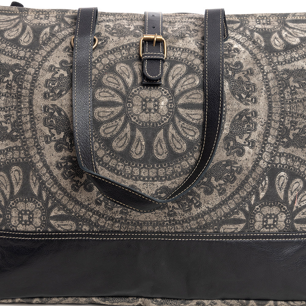 Myra Carmela Printed Canvas Weekender Bag â€“ Leather Handles with Buckle Strap, Spacious Travel Tote for Western Getaways