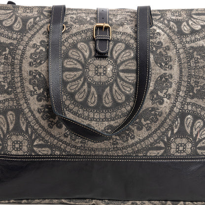 Myra Carmela Printed Canvas Weekender Bag â€“ Leather Handles with Buckle Strap, Spacious Travel Tote for Western Getaways