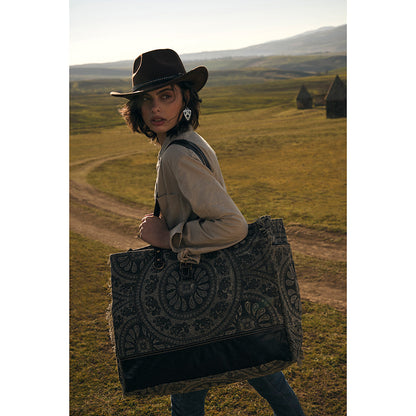 Myra Carmela Printed Canvas Weekender Bag â€“ Leather Handles with Buckle Strap, Spacious Travel Tote for Western Getaways