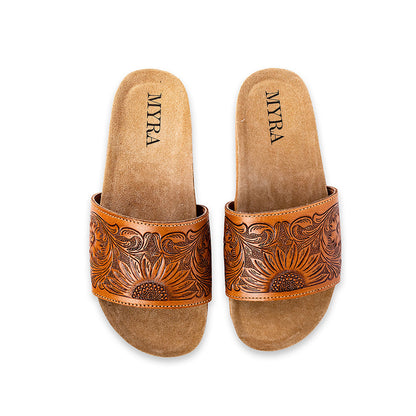 Myra Dottie Handtooled Leather Slide Sandals for Women â€“ Floral Western Tooling with Cork Sole for Casual Comfort