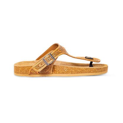 Myra Sadie Mesa Leather Slides for Women - Cushioned Cork Sole, Floral Tooled Finish for Everyday Elegance