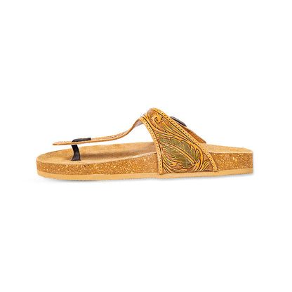 Myra Sadie Mesa Leather Slides for Women - Cushioned Cork Sole, Floral Tooled Finish for Everyday Elegance
