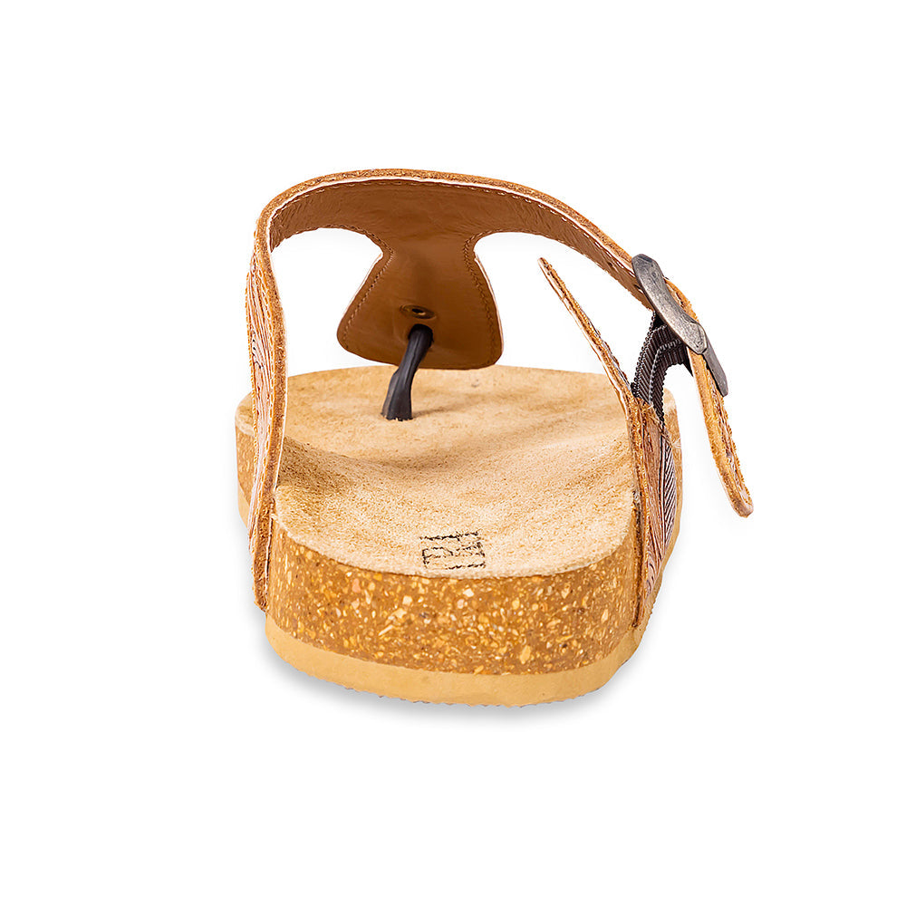 Myra Sadie Mesa Leather Slides for Women - Cushioned Cork Sole, Floral Tooled Finish for Everyday Elegance